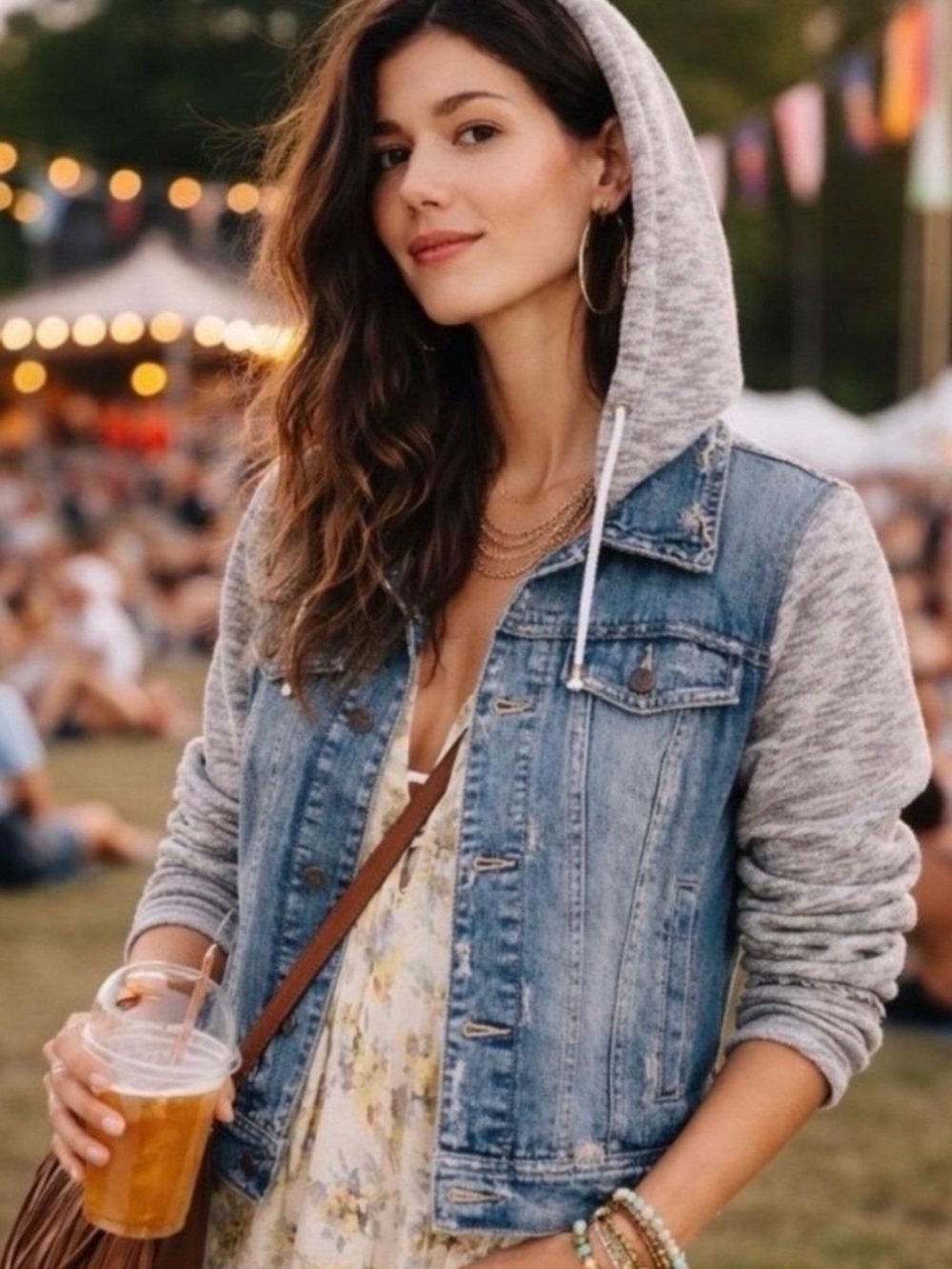 Free People Denim Jean Jacket Mixed Media Indie Wash Gray Knit Hood Small